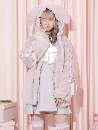 Sweet Jirai Kei Plush Bunny Ear Hooded Coat for Fall/Winter with Lace-Up Sleeves in Dusty Pink/White/Black