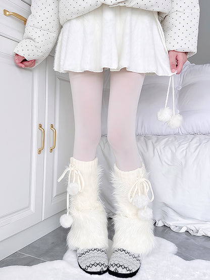 Off-White Plush Flared Leg Warmers with Pom-Pom Details
