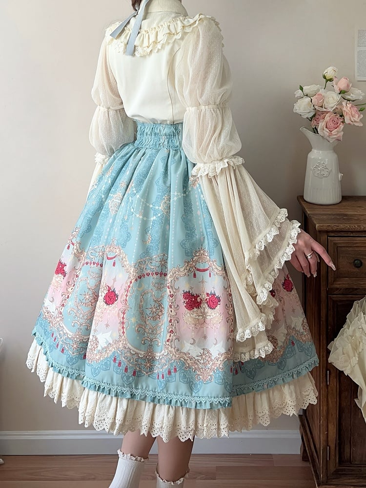 Apricot Bell Sleeves Tiered Scalloped Eyelet Trim Hemline Blouse with Lace Jabot Tie