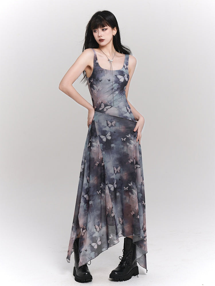 Blue & Purple Butterfly Print Asymmetrical Hem Sleeveless Dress