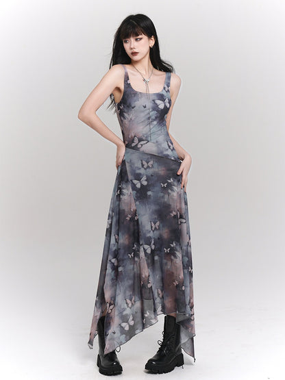 Blue & Purple Butterfly Print Asymmetrical Hem Sleeveless Dress