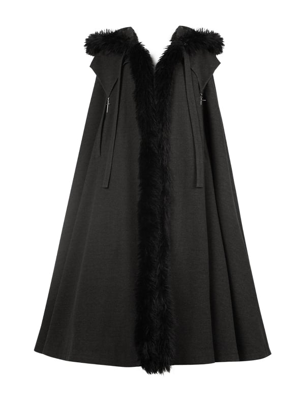 Witch Trim Cross with Fur Autumn for and Faux Winter Lolita Gothic Charms Black Cloak