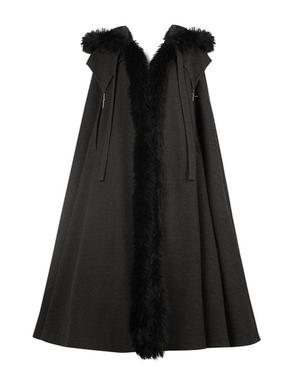 Witch Trim Cross with Fur Autumn for and Faux Winter Lolita Gothic Charms Black Cloak