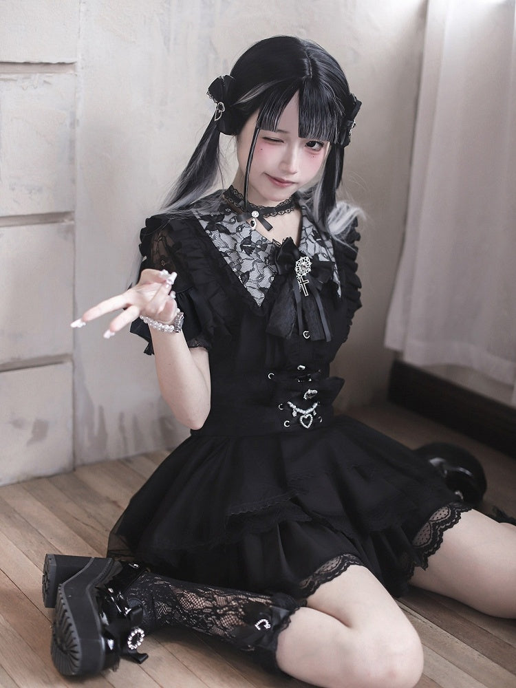 Jirai Kei Black Lace Cutout Shoulder Short Sleeve Blouse with Ruffle Details - Ekomi