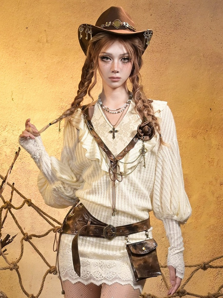 Brown Antique Brooch Rose Chains Gold Punk with Key Double Vintage