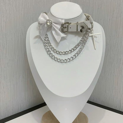 Black Bowknot Rhinestone Cross Buckle Choker with Double Layered Chain