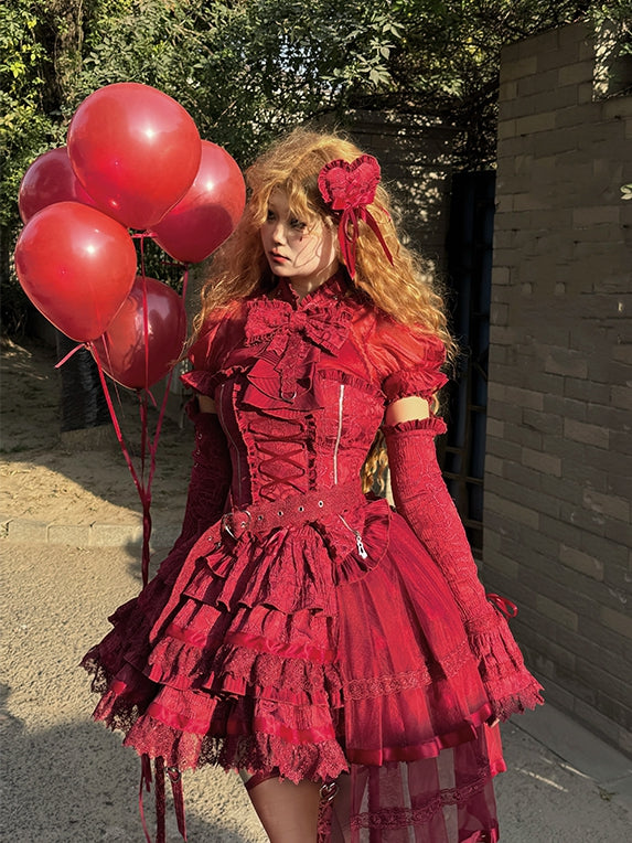 ネックレッド + ロリータティアードフルトップセットホルターゴシックノースリーブスカート