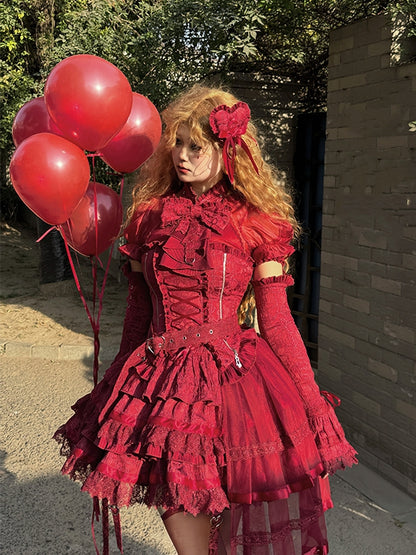 ネックレッド + ロリータティアードフルトップセットホルターゴシックノースリーブスカート