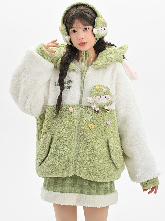 キュートなラムアップリケのホワイト＆グリーンカラーブロックデザインフリースジップパーカー