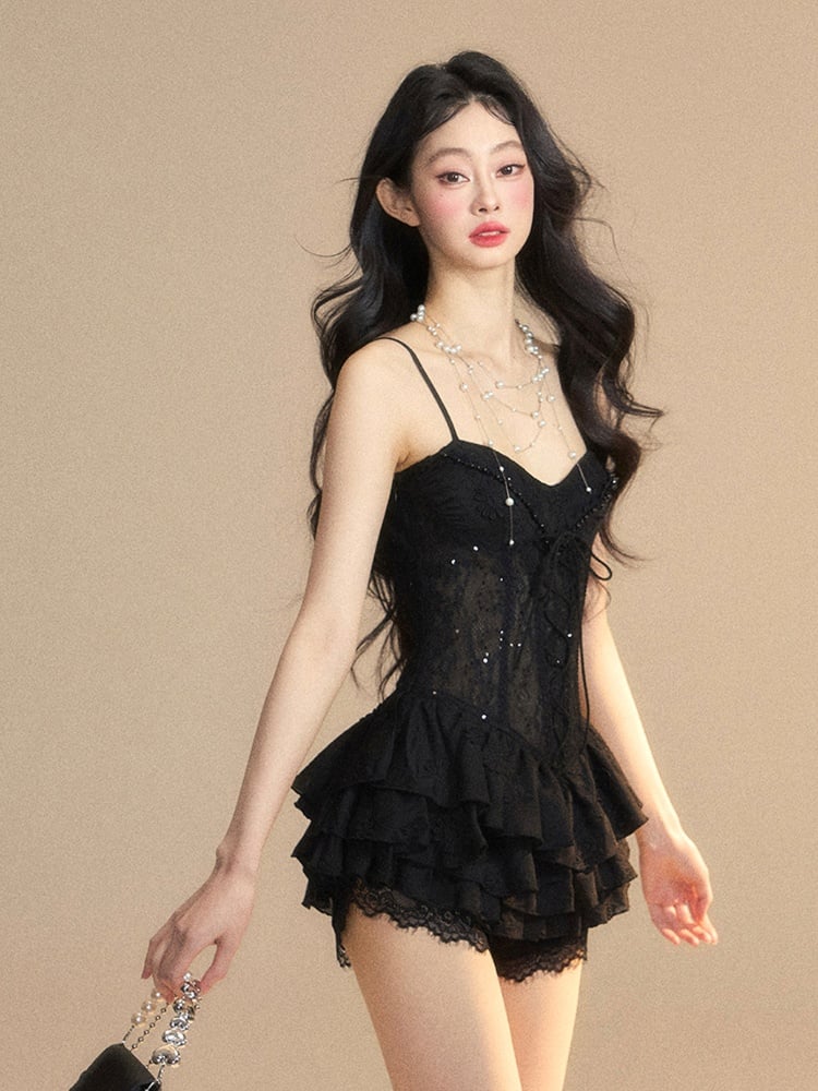 Puffy Tiered Dress with Lace-up Detail at Front Skirt Black Cami Mini