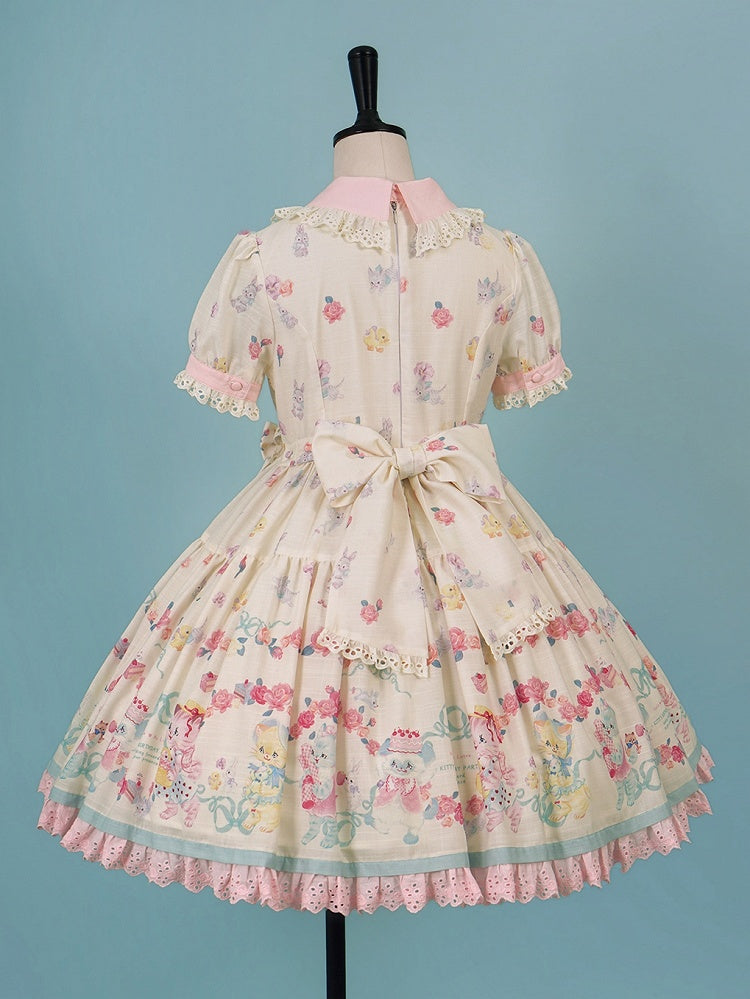 Lolita-Kätzchenkleid mit gewellter Öse und Ärmeln, Aufdruck, cremige süße Verzierungen