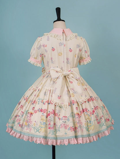 Lolita-Kätzchenkleid mit gewellter Öse und Ärmeln, Aufdruck, cremige süße Verzierungen