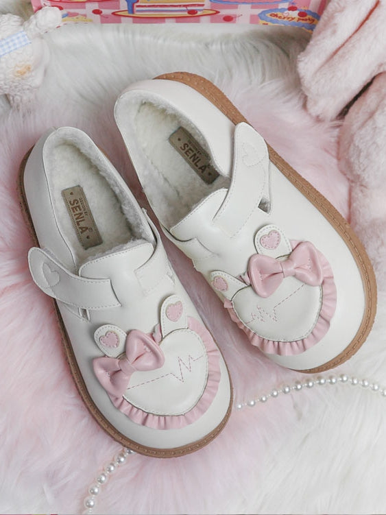 Flat a Trim Lolita Shoes Heart Sweet with Platform 4cm Lined Applique Bunny Ear Winter Ruffle Fleece -