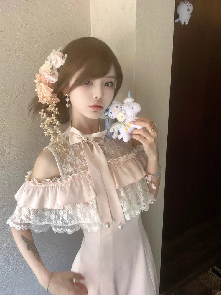 Pink Dress Illusion Neckline Off-Shoulder Kei Jirai Elegant Maxi with