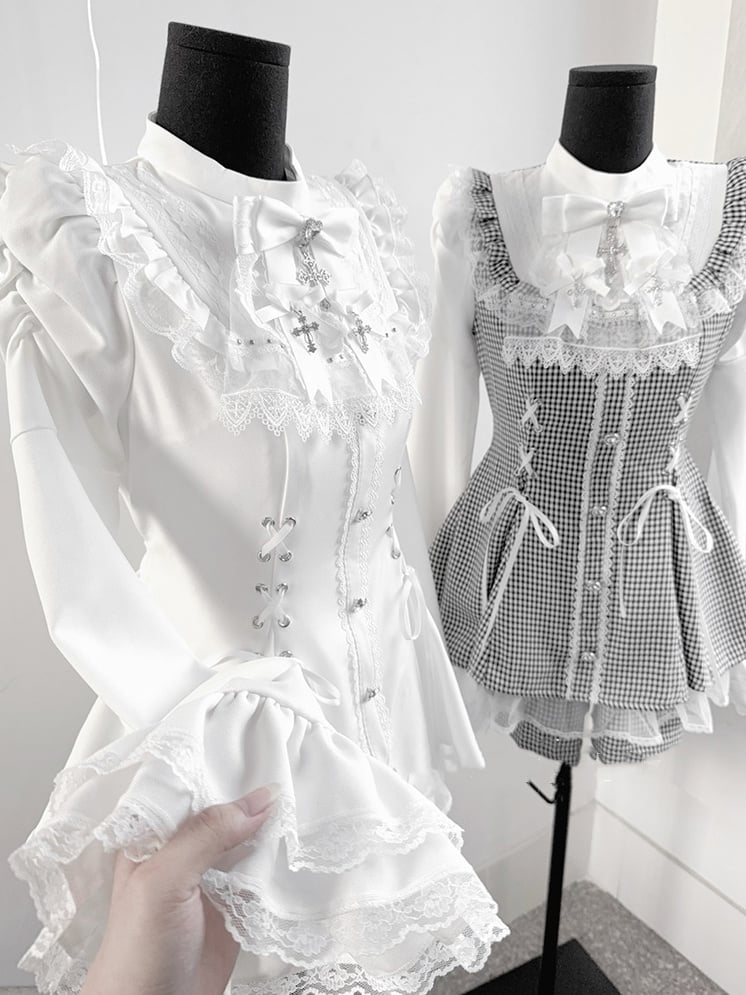 Matching Detachable Set: Bow Lace-Up Bell Sleeve with Waist Shorts Coord Kei Dress White Bib Tie Jirai