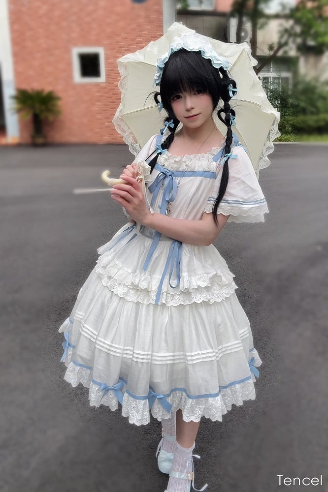 Blue Butterfly Sleeve Classic Lolita Tiered OP Dress - Rainbow Cat