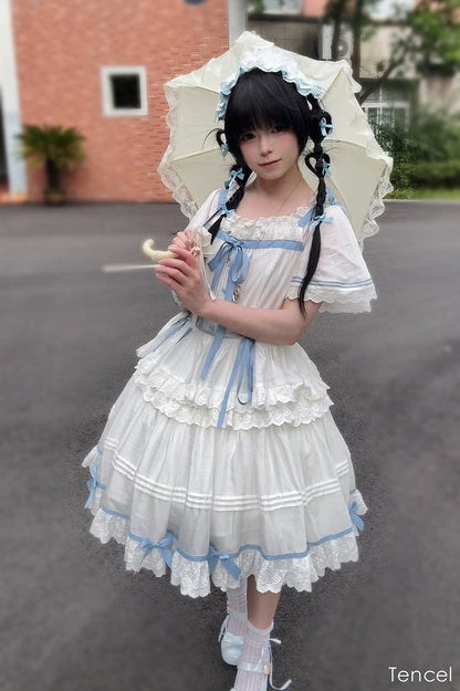 Blue Butterfly Sleeve Classic Lolita Tiered OP Dress - Rainbow Cat