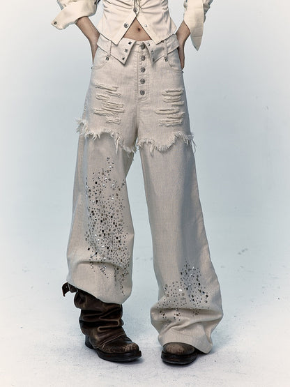 Aprikosenfarbene Distressed-Jeans mit weitem Bein und Strass
