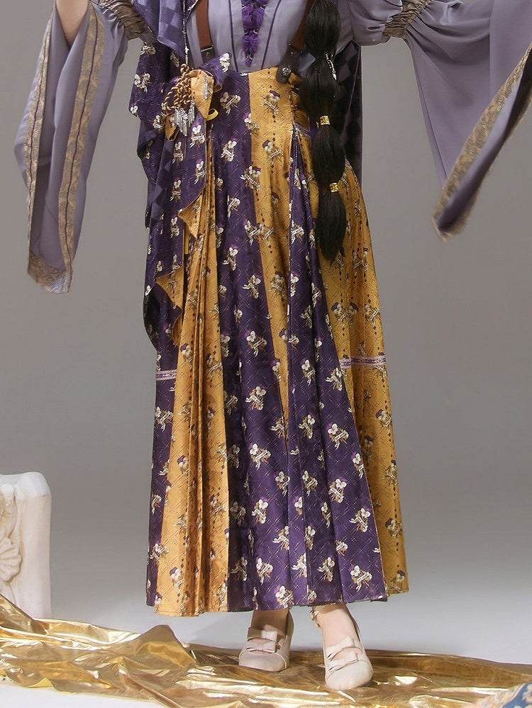 Yellow & Purple Floral Print Lace-up Straps Lolita SK Dress - Neoludwig