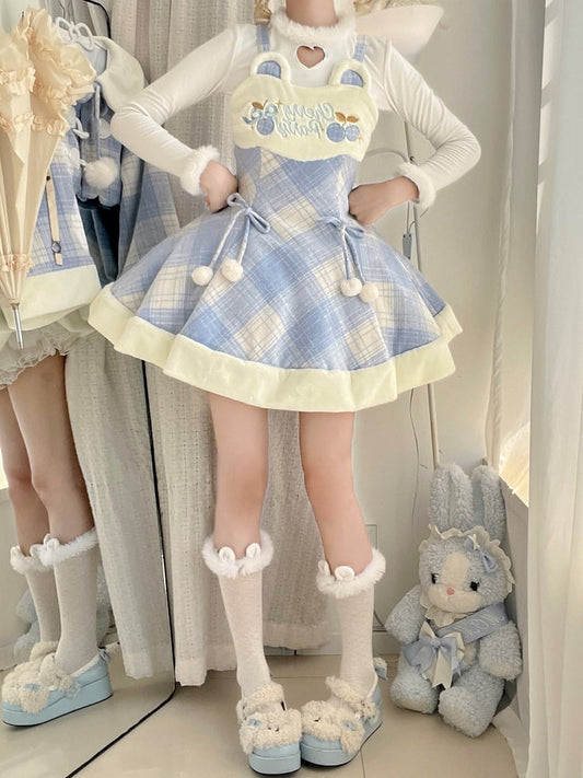 für Süße Plaid Kleid Lolita Herbst und Pom-Poms Bestickt Winter Kirsche Blau mit