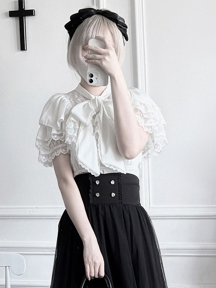 Seiso-kei White Lace Trim Short Sleeve Top with Bow Accents, Plus Size - AbyssThread