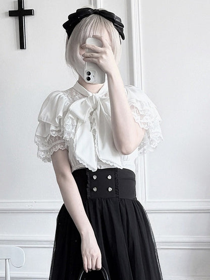 Seiso-kei White Lace Trim Short Sleeve Top with Bow Accents, Plus Size - AbyssThread