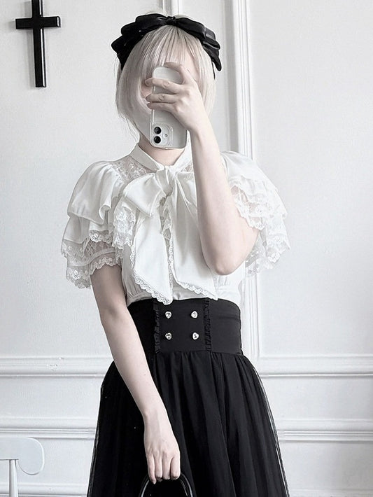 Seiso-kei White Lace Trim Short Sleeve Top with Bow Accents, Plus Size - AbyssThread