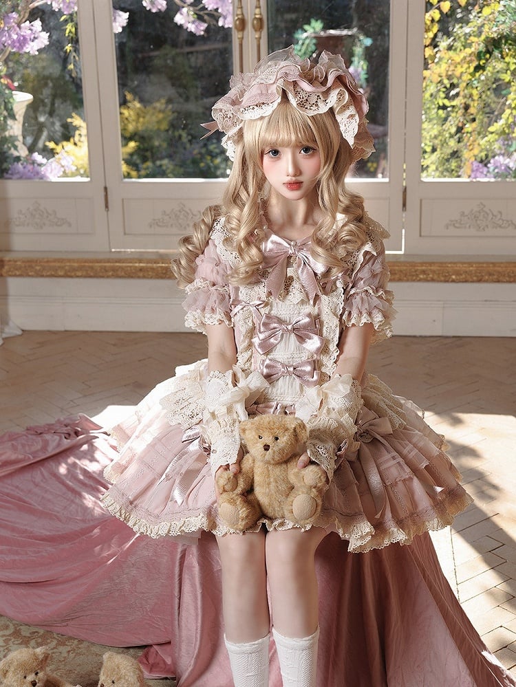 with Waist Sweet Low Sleeves Bow Lace Pink Beige Dress Ruffled Lolita and Accents