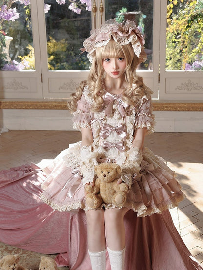 with Waist Sweet Low Sleeves Bow Lace Pink Beige Dress Ruffled Lolita and Accents