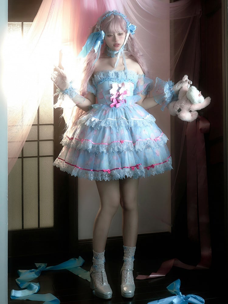 Bunny Blue Bow Boning Satin Kleid Akzente Niedlich Lolita Print
