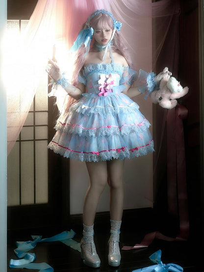 Bunny Blue Bow Boning Satin Kleid Akzente Niedlich Lolita Print