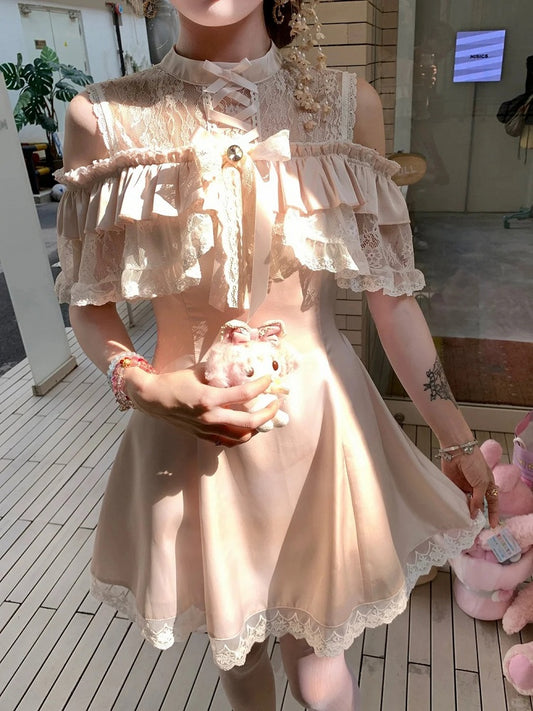 Pink Jirai Delicate Dress in Off-Shoulder Kei - Neckline Illusion Pure Polished