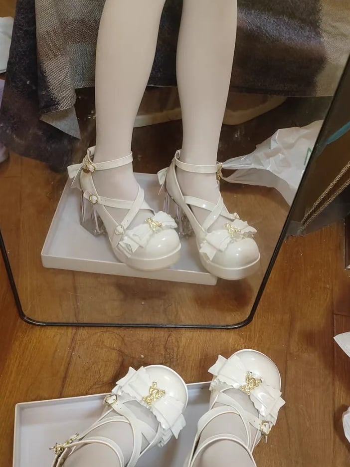 - White Leather Design Heel Lolita Shoes PU with Crisscross for Block High