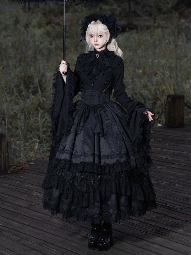 + Skirt Lolita Corset Waist Black Layered Overlay High Under Gothic Curved Belt