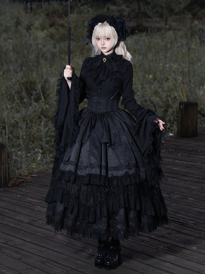 + Skirt Lolita Corset Waist Black Layered Overlay High Under Gothic Curved Belt