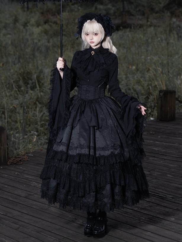 Detachable Lolita Bell with Long Extended Sleeves Black Gothic Blouse
