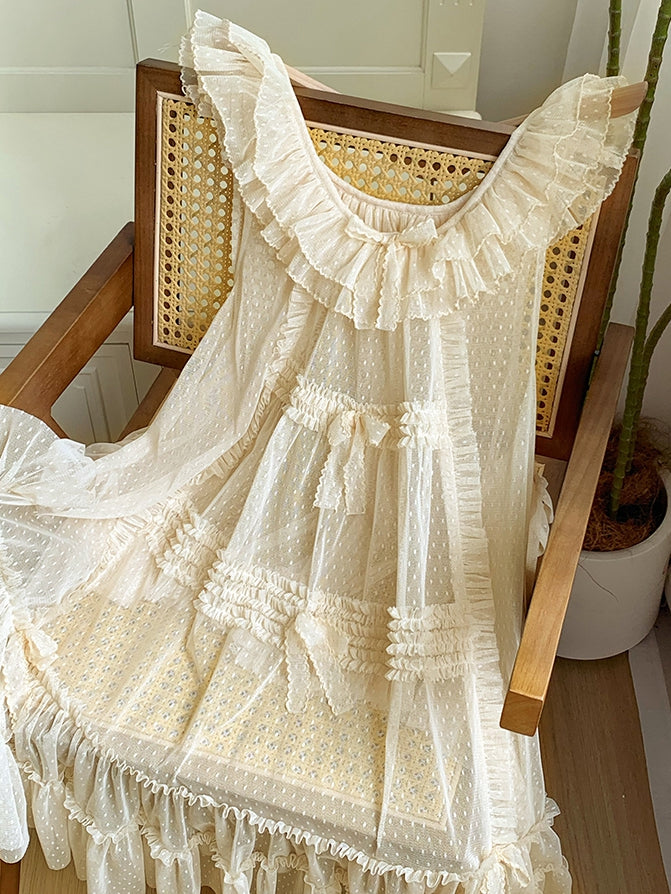 Overdress and Ruffle Details Beige Trim Style Dots Tulle Bow House Pink