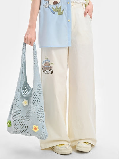 Taille Cartoon Tier Stickerei Regelmäßige/Lange Weite Bein Hosen Beige Hohe Version