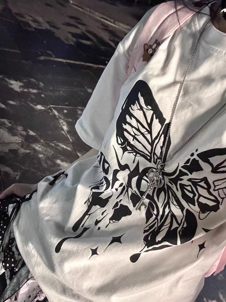 Jirai Broken Butterfly Print Lace-up Side Black/White T-shirt Kei