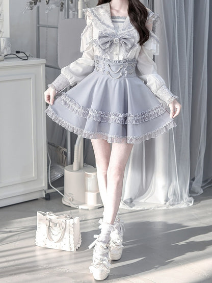 Sailor Collar Blouse with Bow Tie in Blue - Ekomi