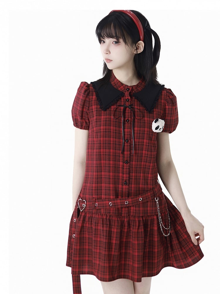 Buckle Plushie and Belt with Panda Red  Black Puff Sleeves Plaid Dress