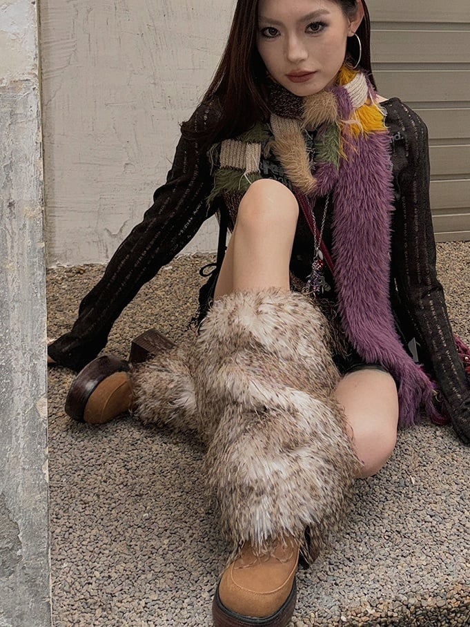 Weiß/Grau/Kaffee Y2K Shaggy Beinwärmer