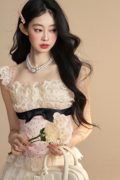 予約 トップス タイト ノースリーブ レース ドット ガーリー