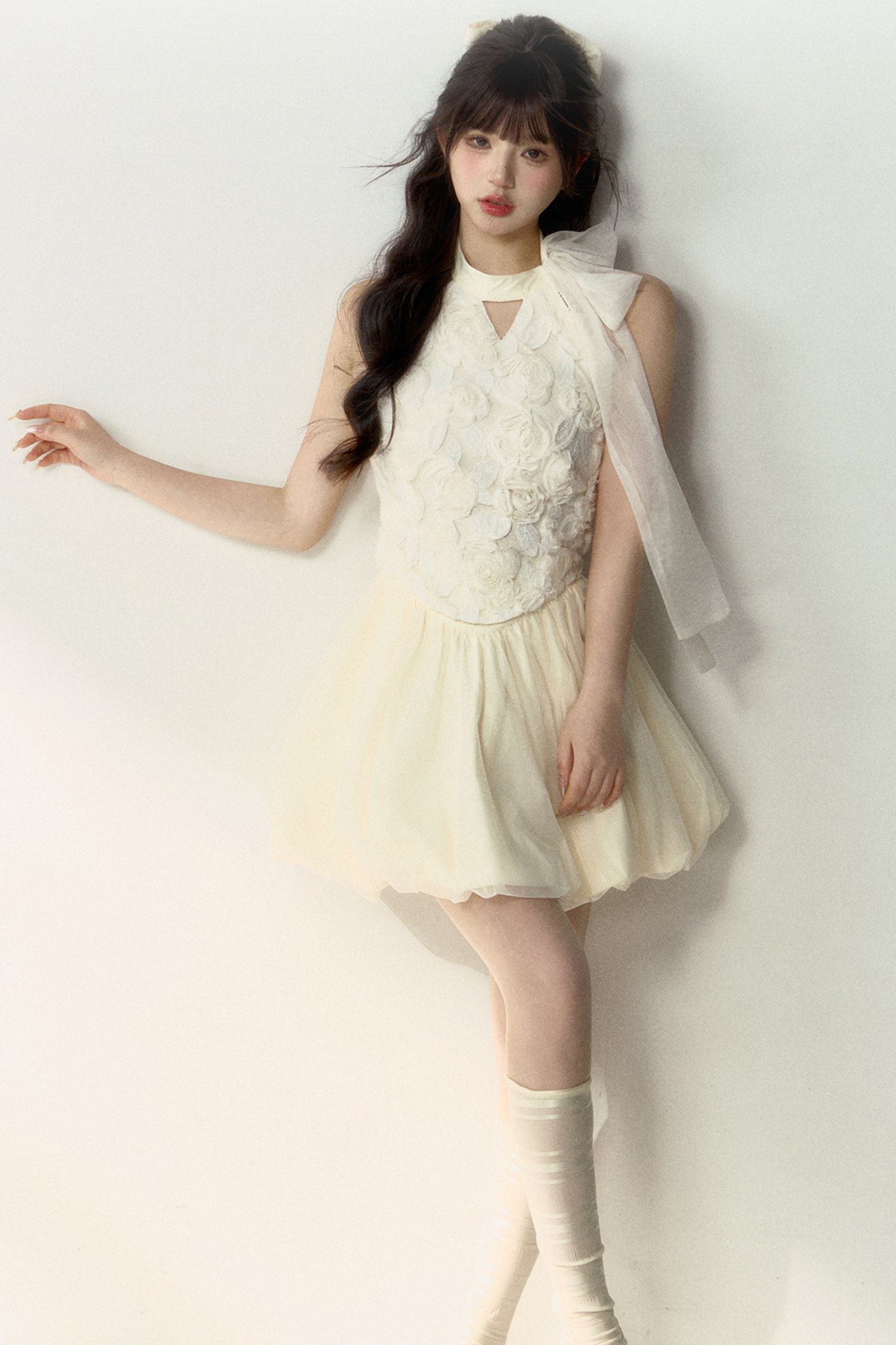 ロング丈＆スイートなノースリーブショートフラワーフレンチスカートバルーントップ