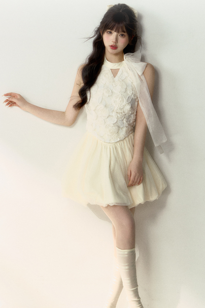 ロング丈＆スイートなノースリーブショートフラワーフレンチスカートバルーントップ