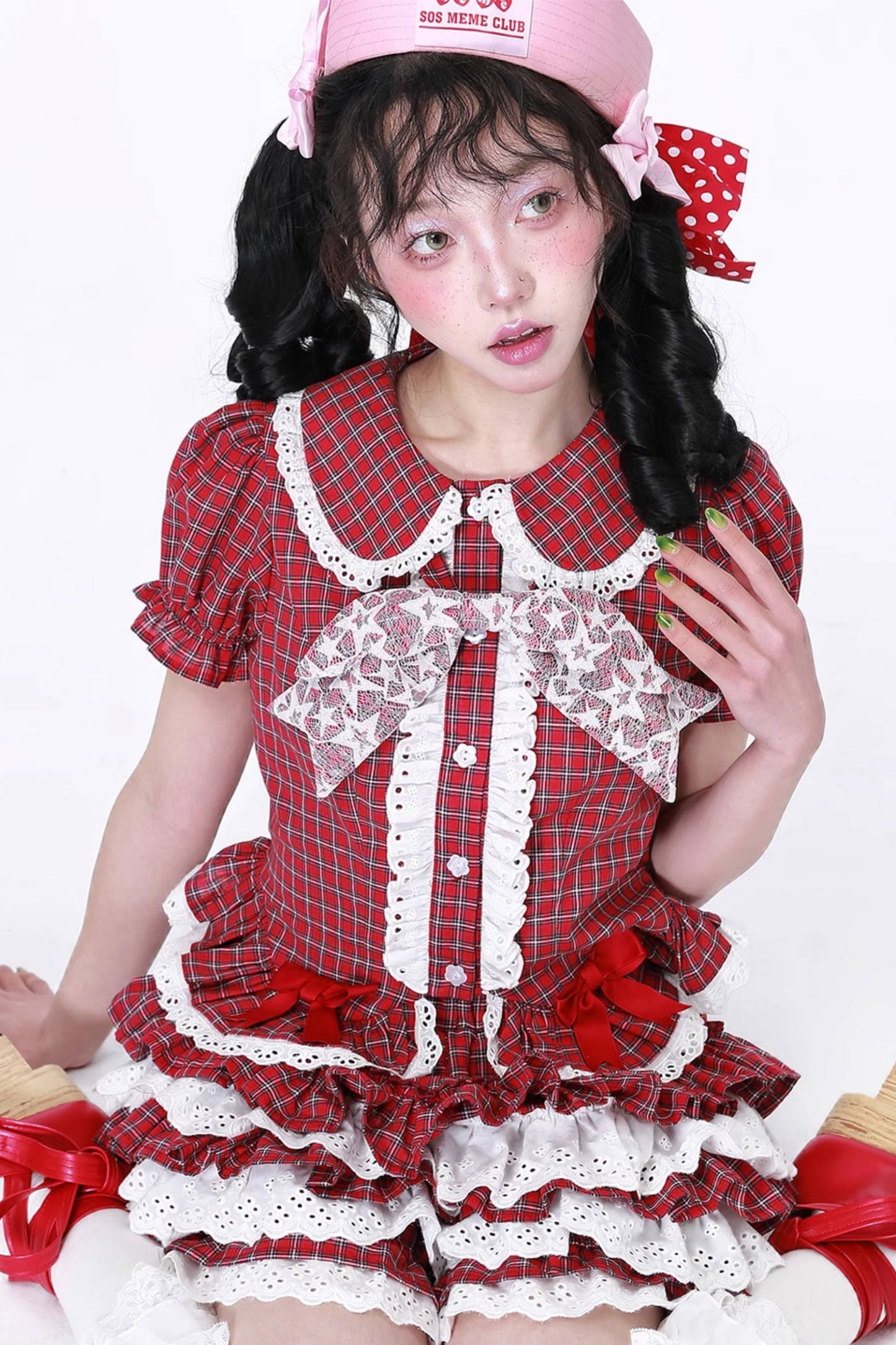 トップススリーブチェックパフレトロ