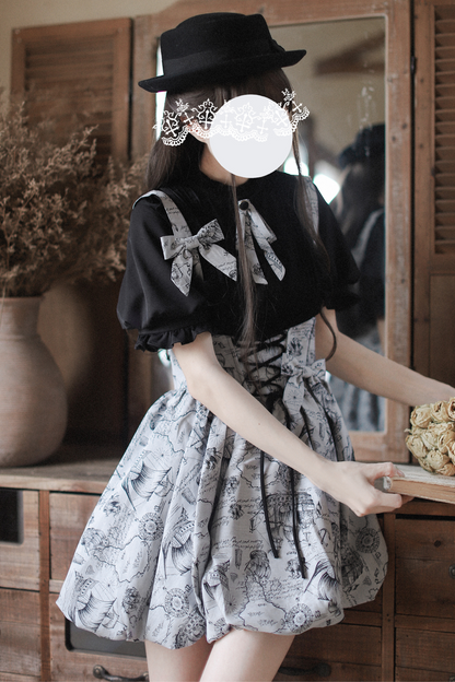 Retro Bow Ribbon Item Suspender Shirt Reserved + Tie Skirt