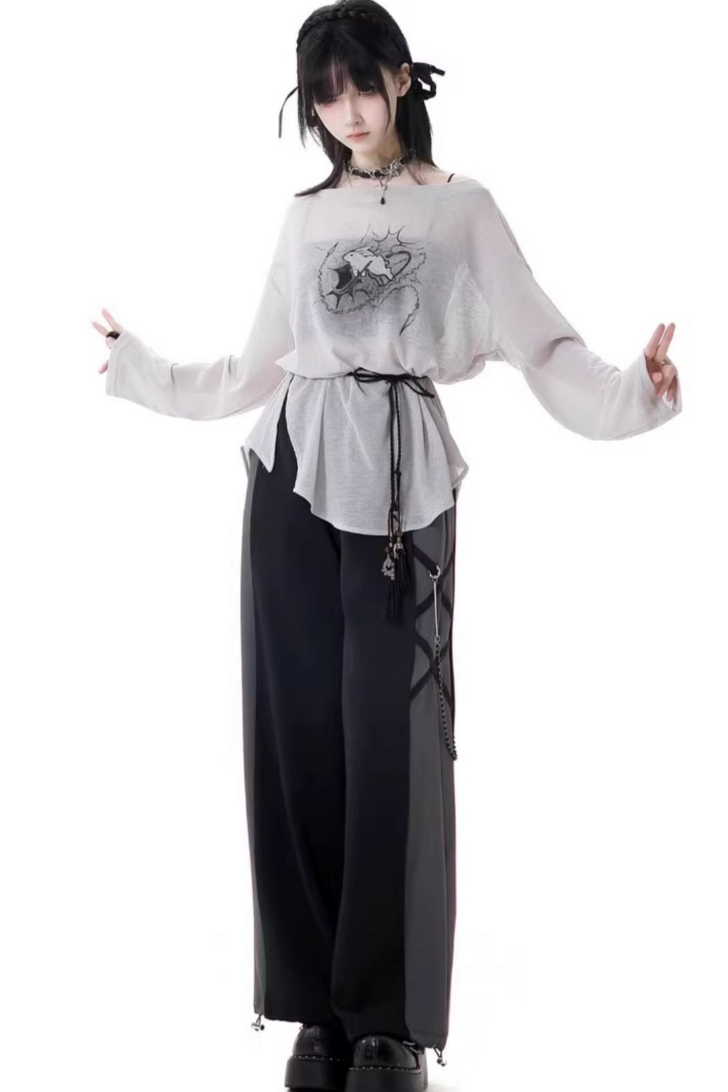 モードなトップスTシャツパンツワイド+デザインレースアップウエスト