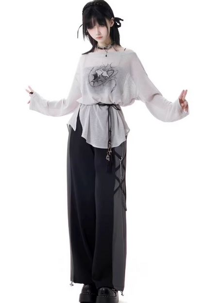 モードなトップスTシャツパンツワイド+デザインレースアップウエスト