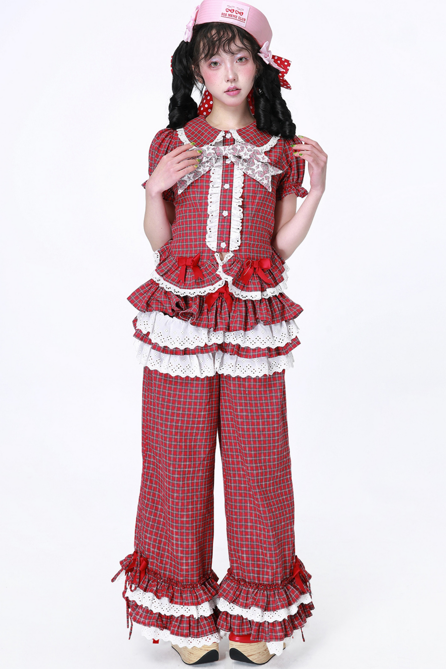 Lange Spitzenhose Retro Rüschen Karo